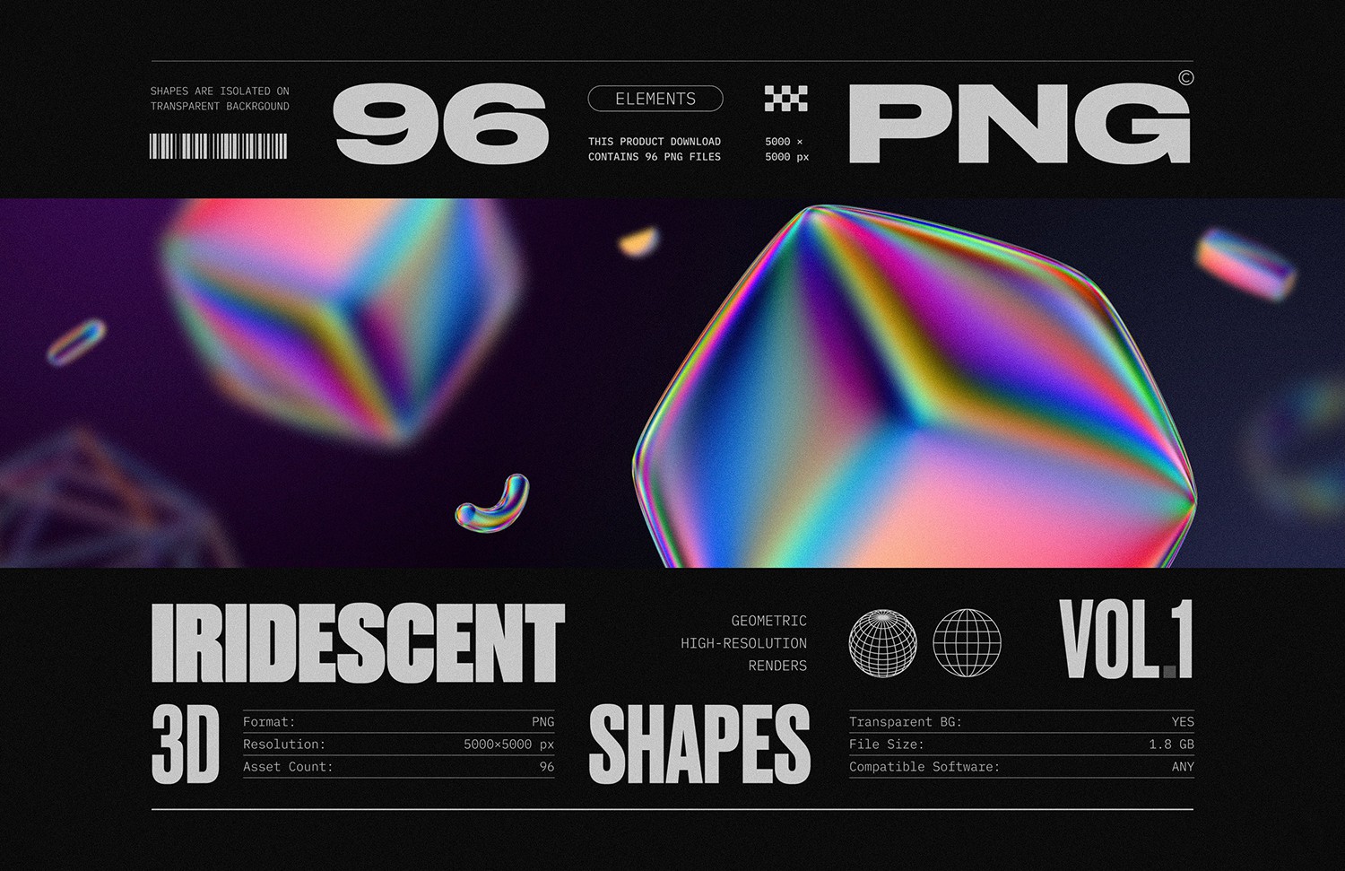 未来科幻全息镭射彩虹3D立体金属几何png素材 Iridescent geometric 3D shapes pack Vol.1