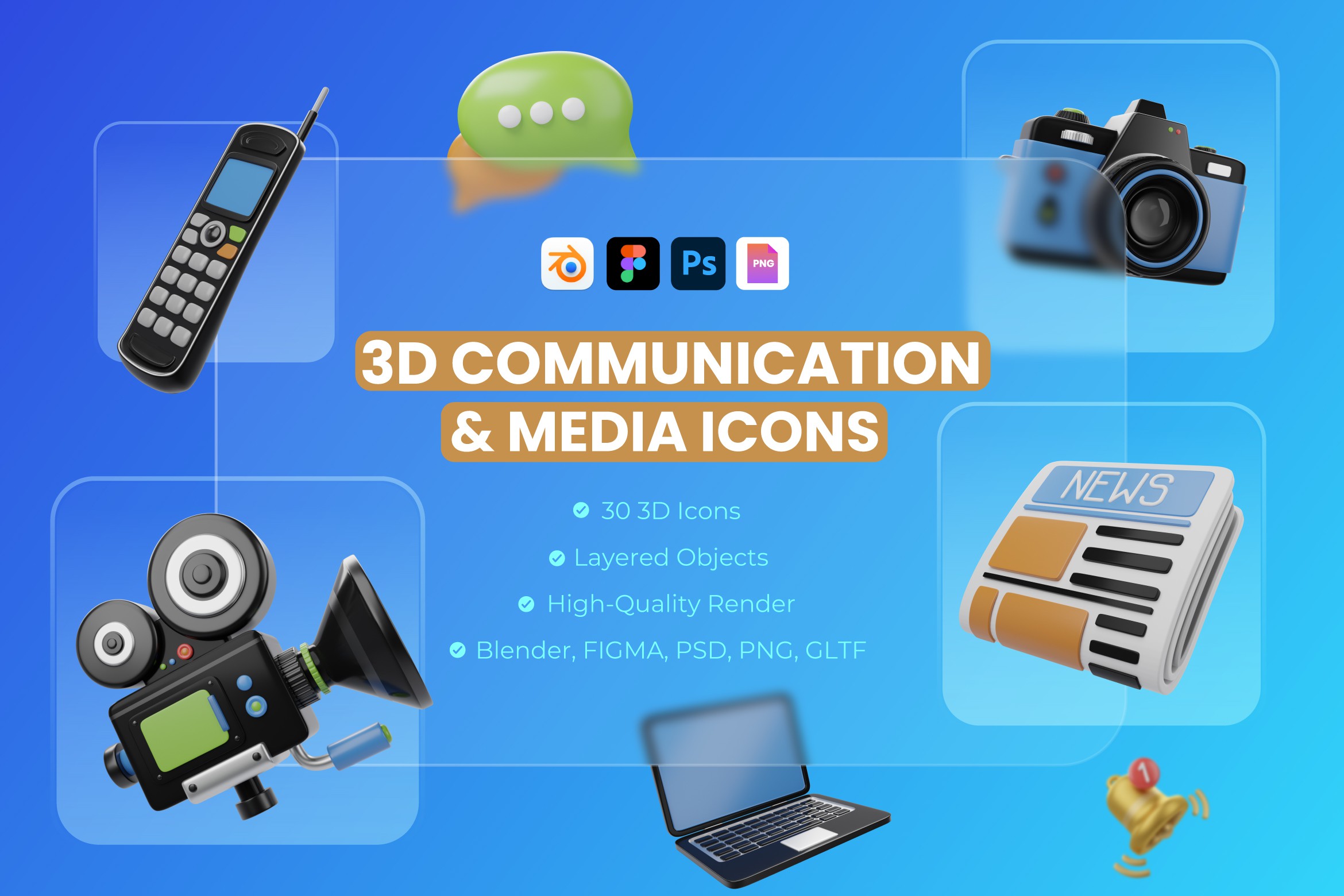 3D通信和媒体图标 Communication & Media Icon Set