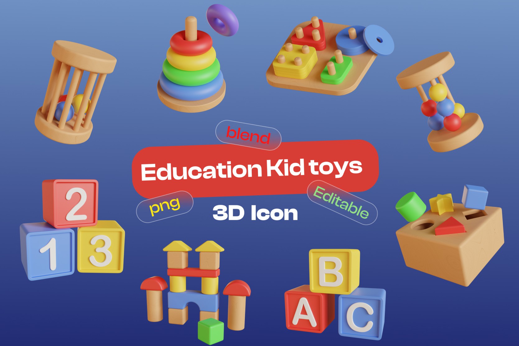 3D教育儿童木制玩具图标包 Education Kid Toys 3D Icon Pack