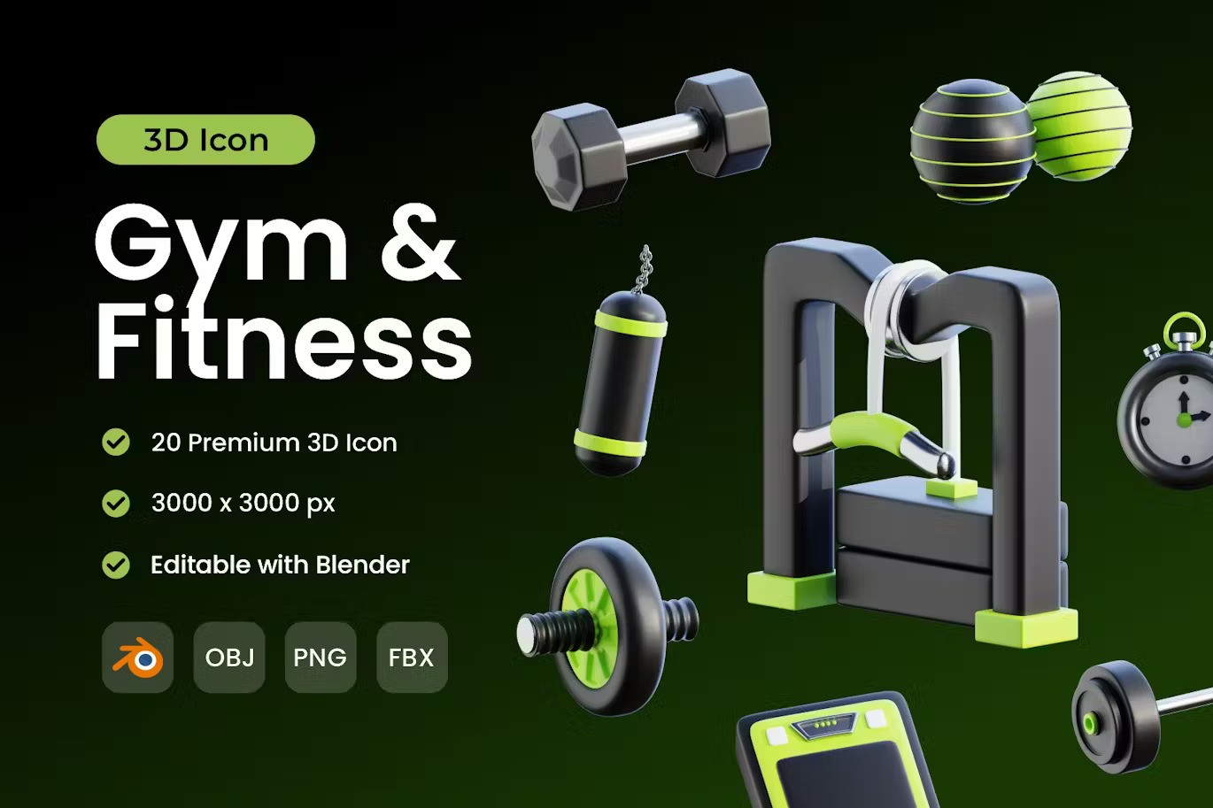 健身房和健身器材 3D 图标包 Gym and Fitness 3D Icon Pack